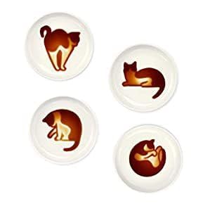 Keramik Saucenschale mit Katzen Relief Gewürzschale, Mini Beilage, Sushi Soja Dipschale, Sojasaucengeschirr Kleine Untertasse aus Porzellan Katzen (4er-Set) von BigNoseDeer
