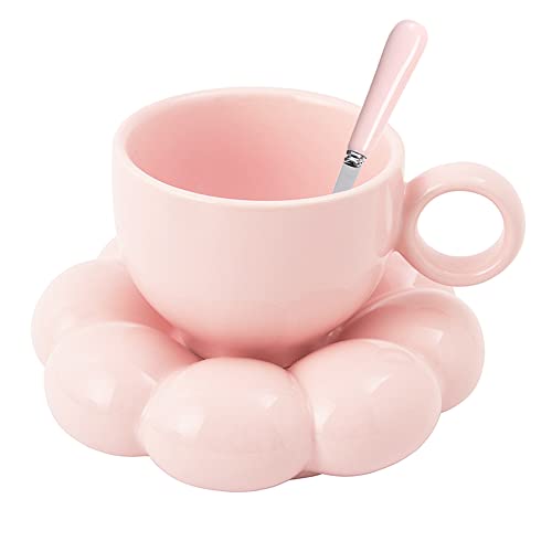 Keramikblumenkaffeetasse, kreative süße Tasse mit Cloud Sunflower Coaster für Büro und Zuhause, 6,5 oz/200 ml für Tee Latte Milch (Rosa) von BigNoseDeer