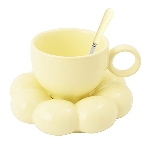 Keramikblumenkaffeetasse, kreative süße Tasse mit Cloud Sunflower Coaster für Büro und Zuhause, 6,5 oz/200 ml für Tee Latte Milch (Gelb) von BigNoseDeer