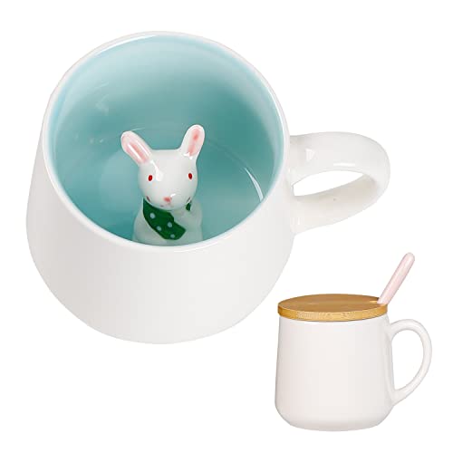 Süße Sachen Keramik Kaninchen Kaffeetasse Teetasse Mit Deckel Löffel Lustige Tassen Geschenke für Frauen Kaffeebecher Porzellan 3D Tasse Personalisiert Cappuccino Tassen Beste Freundin Geschenk von BigNoseDeer