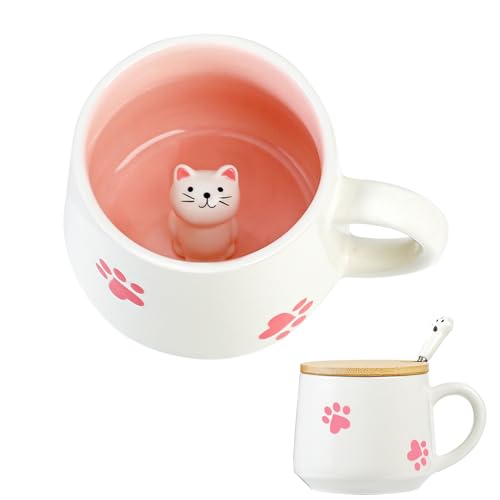 Süße Sachen Keramik Katze Kaffeetasse Teetasse Mit Deckel Löffel Lustige Tassen Geschenke für Frauen Kaffeebecher Porzellan 3D Tasse Personalisiert Cappuccino Tassen Beste Freundin Jahrestag Geschenk von BigNoseDeer