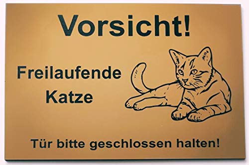 Warnschild Vorsicht Freilaufende Katze, Tür geschlossen halten, Schild Katzenschild Liegend Gold (15x10cm 4 Löcher Ecke) von BigTrend24