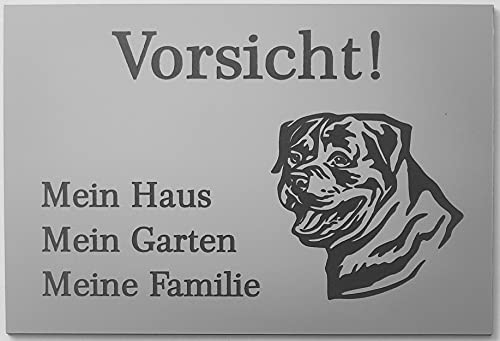 BigTrend24 Warnschild Vorsicht Rottweiler Schild Hundeschild Haus Garten Familie Silber (30x20cm 4 Löcher Ecke) von BigTrend24
