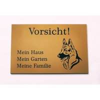 Bigtrend24 Warnschild Vorsicht Schäferhund Schild Hundeschild Haus Garten Familie Gold Selbstklebend von BigTrend24