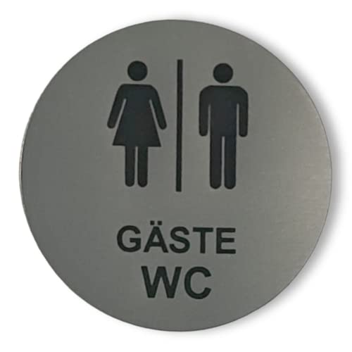 Gäste WC Schild Mann Frau Rund Selbstklebend Türschild Hinweisschild Toilette Klo Gravur Silber 100mm von BigTrend24