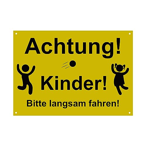 Hinweis Schild - Achtung Kinder - Bitte langsam fahren - Motiv mit Ball - Warnschild aus Kunststoff - Graviertes Schild in verschiedenen Größen (Gelb) von BigTrend24