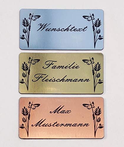 Personalisierbares Klingelschild – Blumen – graviertes Namensschild – selbstklebend mit 3M – wetterfest – Made in Germany – viele Farben & Größen – Kunststoffschild für Briefkasten von BigTrend24