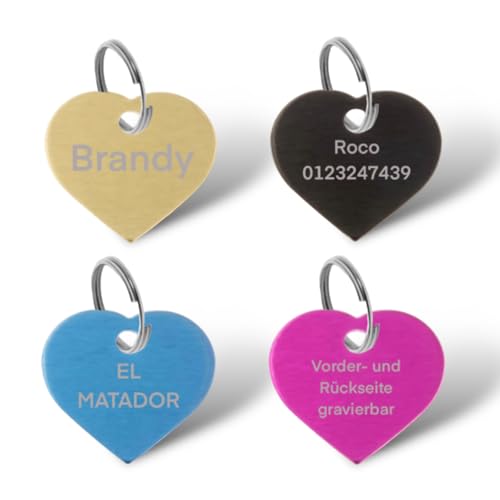 Personalisierte Hundemarke – Herz – gravierbare Haustiermarke aus Aluminium – beidseitig beschriftbar – viele Farben & Größen von BigTrend24