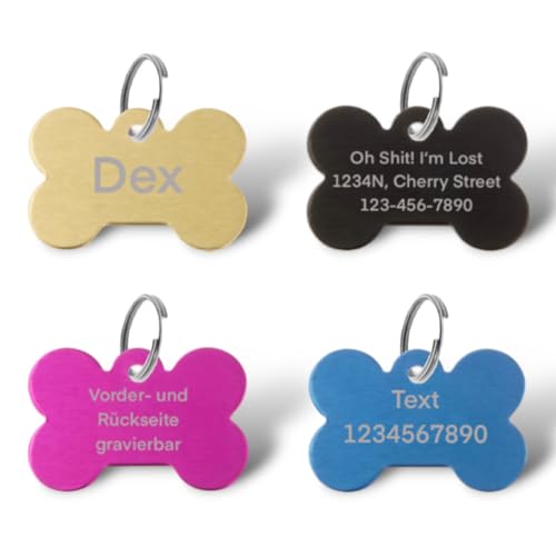 Personalisierte Hundemarke – Knochen 27x32 mm – gravierbare Haustiermarke aus Aluminium – beidseitig beschriftbar – viele Farben & Größen von BigTrend24