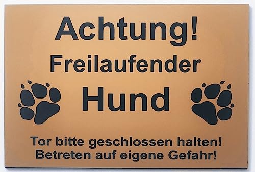 Warnschild Achtung Freilaufender Hund, Tor geschlossen, Betreten Verboten, Schild Hundeschild Gold (15x10cm Selbstklebend) von BigTrend24