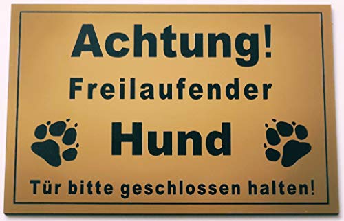 Warnschild Achtung Freilaufender Hund, Tür geschlossen halten, Schild Hundeschild Gold (15x10cm 4 Löcher Ecke) von BigTrend24
