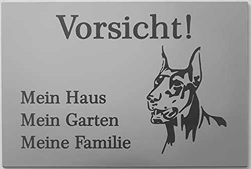 Warnschild Vorsicht Dobermann Schild Hundeschild Haus Garten Familie Silber (30x20cm 4 Löcher Ecke) von BigTrend24