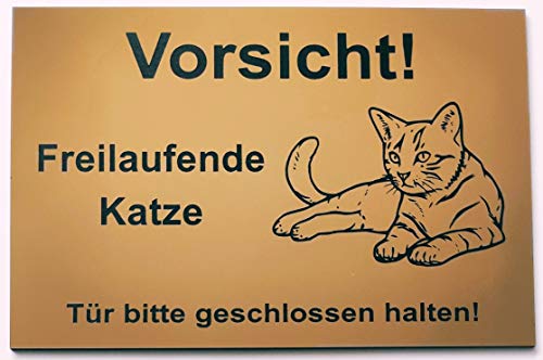 Warnschild Vorsicht Freilaufende Katze, Tür geschlossen halten, Schild Katzenschild Liegend Gold (30x20cm 4 Löcher Ecke) von BigTrend24