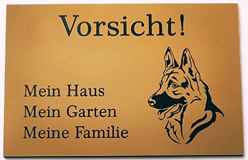 Warnschild Vorsicht Schäferhund Schild Hundeschild Haus Garten Familie Gold (30x20cm Selbstklebend) von BigTrend24