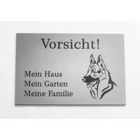 Warnschild Vorsicht Schäferhund Schild Hundeschild Haus Garten Familie Silber Selbstklebend von BigTrend24