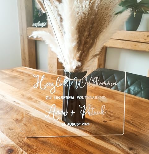 Willkommen zu unserem Polterabend | Schild aus Acryl | personalisiertes Türschild | Acrylglasscheibe | Türkranz | Eckig | Geschenkidee von BigTrend24