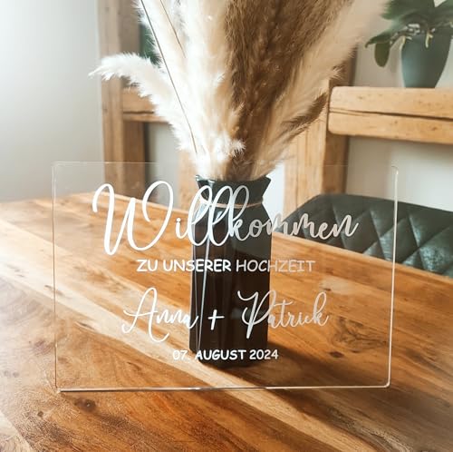 Willkommen zu unserer Hochzeit | Schild aus Acryl | personalisiertes Türschild | Acrylglasscheibe | Türkranz | Eckig | Geschenkidee von BigTrend24
