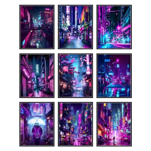 BigWig Prints Neon-Wandkunst – Cyberpunk-Poster, japanische Poster, Neon-Poster, Cyberpunk-Dekor, Vaporwave-Dekor, Synthwave-Dekor, Lofi-Dekor, Tokio-Poster, Cyberpunk-Kunst, ungerahmt, 9er-Set (20,3 von BigWig Prints