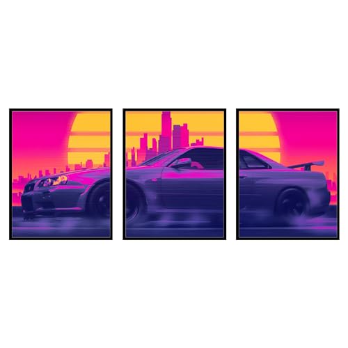 BigWig Prints Nissan GTR Poster – Nissan Skyline GTR R34 Poster, JDM-Poster, Auto-Poster für Raumästhetik, GTR-Poster, Auto-Poster für Jungenzimmer, Nissan GTR Leinwand – 3-teiliges Triptychon (30,5 x von BigWig Prints