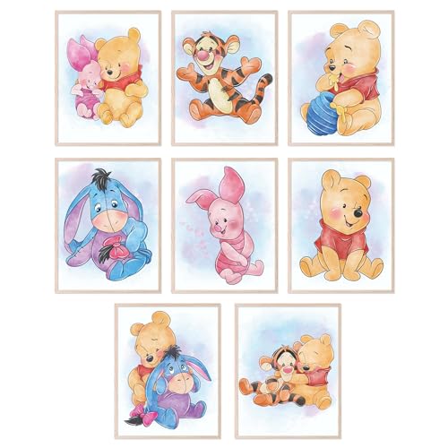 BigWig Prints Winnie-Puuh-Kinderzimmer-Dekor, Wandkunst, Kinderzimmer-Wand-Dekoration, Posterdrucke für Klassenzimmer, Ferkel, Tigger, Kaninchen, I-Ah, Geschenke, ungerahmt, 8er-Set (20,3 x 25,4 cm) von BigWig Prints