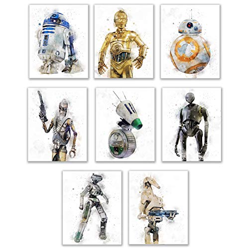 Star Wars Droids Prints – Set von 6 (20,3 x 25,4 cm) Aquarell Wanddekoration Fotos – R2D2 C3PO BB8 K-2SO BB-9E Battle Droids von BigWig Prints