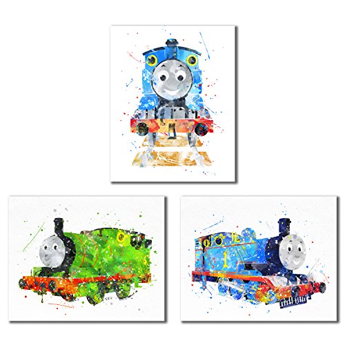 Thomas und seine Freunde Wasserfarben-Zug-Drucke, Set mit 3 (20,3 x 25,4 cm) Wandkunst-Dekor-Fotos – Thomas der Panzer – Percy die kleine Lokomotive von BigWig Prints