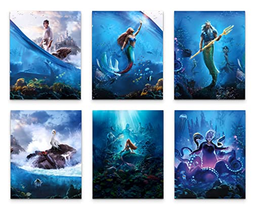 The Little Mermaid (2023) Poster – Halle Bailey als Ariel, Ursula, Prinz Eric, Sebastian, Flunder Scuttle King Triton – Set mit 6 Promo-Kunst-Wanddekor-Drucken, 20,3 x 25,4 cm von BigWigPrints