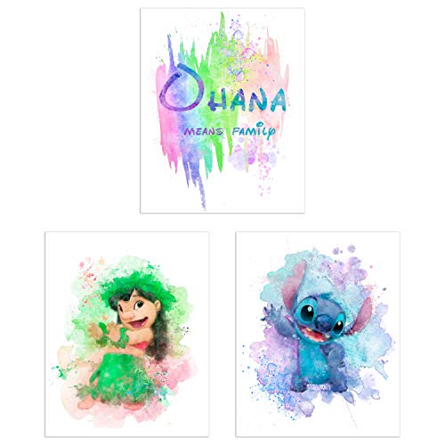 BigWigPrints Lilo & Stitch Poster, 3er-Set (20,3 x 25,4 cm) Ohana bedeutet Familie, Aquarell-Wandkunst, Dekordrucke von BigWigPrints