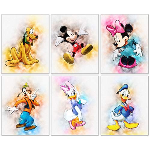 Mickey Mouse Original Aquarelldrucke, Set mit 6 Stück, Wandkunst-Dekor für Kinderzimmer, 20,3 x 25,4 cm, Minnie Donald Daisy Duck Pluto Goofy von BigWigPrints