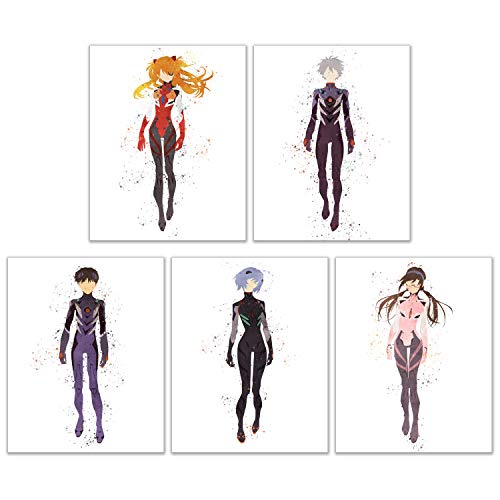 Neon Genesis Evangelion Poster Prints – Set von 5 (20,3 x 25,4 cm) Aquarell minimalistische EVA Pilot Fanart Wandkunst Dekor Asuka Langley Kaworu Nagisa Shinji Ikari Rei Ayanami Mari Makinami von BigWigPrints