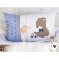 Personalisiertes Kinderkissen Zur Geburt Oder Taufe. Mit Kleinem Teddy Und Auto in Blau-Braun. Für Dich Individuell Angefertigt von BiggisDesign