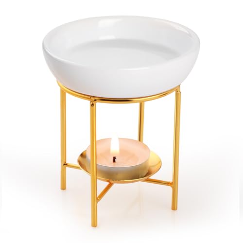 Bighan Duftöllampe Teelicht, Schwarz Duftlampe aus Metall, Aromalampe Teelichthalter mit Keramik Schale, Duftlampe für Ätherische Öle C - Gold von Bighan