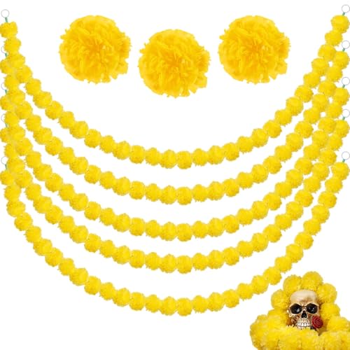 Ringelblumen-Girlande zur Dekoration, künstliche Ringelblumen-Blumen für Diwali-Party, Heimdekoration, Kranz für Dia de Los Muertos Halloween, indische Pooja-Hochzeiten, Gelb, 5 Stück von Bigmeta