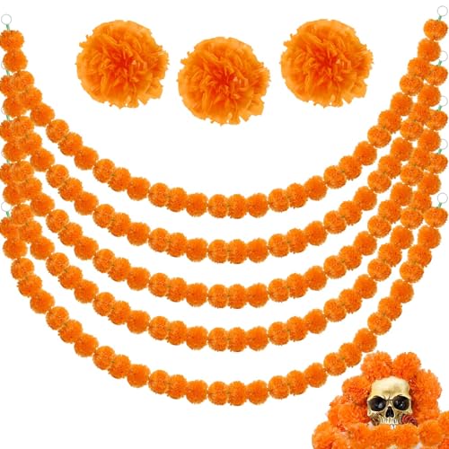 Ringelblumen-Girlande zur Dekoration, künstliche Ringelblumen-Blumen für Diwali-Party, Heimdekoration, Kranz für Dia de Los Muertos Halloween, indische Pooja-Hochzeiten, Orange, 5 Stück von Bigmeta