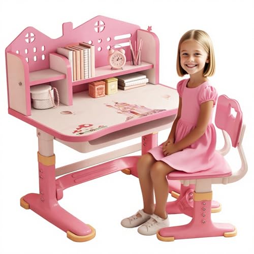 Bigougem Kinderschreibtisch und Stuhl-Set, höhenverstellbare Kinderschreibtische mit geräumiger Schublade, Goldener Abstand zur Vermeidung von Kurzsichtigkeit, Design Schreibtisch für Kinder für Bigougem Kinderschreibtisch und Stuhl-Set, höhenverstellbare Kinderschreibtische mit geräumiger Schublade, Goldener Abstand zur Vermeidung von Kurzsichtigkeit, Design Schreibtisch für Kinder für von Bigougem