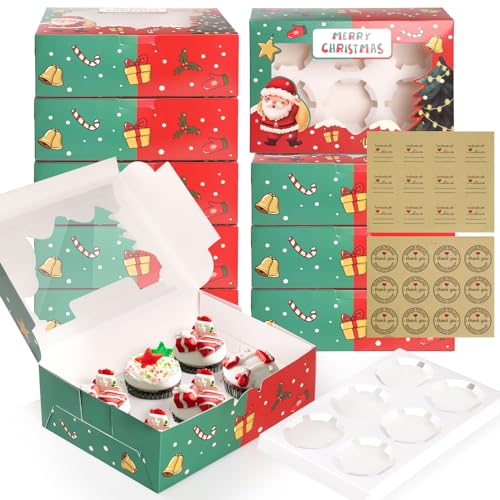 Bigqin 10 Stück Cupcake Boxen, Weihnachten Cupcake Muffin Box mit transparentem Fenster für Kuchen und Cupcake, 6 Löcher von Bigqin