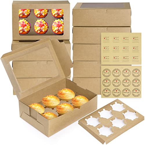Bigqin Cupcake Boxes Aufbewahrungsbox mit 6-Loch Cupcake Muffin mit 24 süßen Aufklebern, Farbe Kraftpapier, 10 Stück von Bigqin