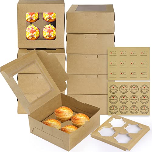 Bigqin Cupcake Boxes Cupcake Transportbox Aufbewahrungsbox mit 4-Loch Cupcake Muffin mit 24 süßen Aufklebern, Farbe Kraftpapier, 10 Stück von Bigqin