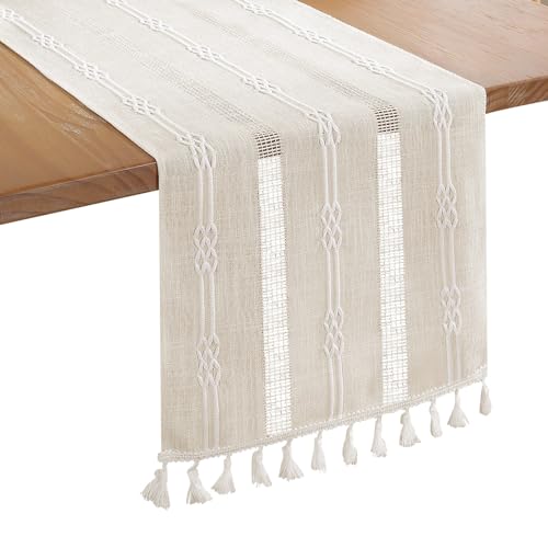 Bigqin Tischläufer Beige, 180 x 33 cm waschbares Tischband Boho Landhausstil Tischdekoration Table Runner mit Quasten für Geburtstage & Hochzeite von Bigqin