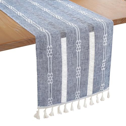 Bigqin Tischläufer Blau, 180 x 33 cm waschbares Tischband Boho Landhausstil Tischdekoration Table Runner mit Quasten für Geburtstage & Hochzeite von Bigqin
