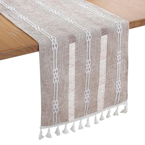 Bigqin Tischläufer Braun, 180 x 33 cm waschbares Tischband Boho Landhausstil Tischdekoration Table Runner mit Quasten für Geburtstage & Hochzeite von Bigqin