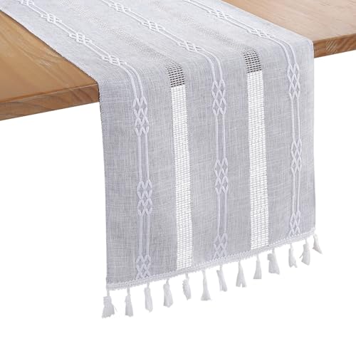 Bigqin Tischläufer Grau, 180 x 33 cm waschbares Tischband Boho Landhausstil Tischdekoration Table Runner mit Quasten für Geburtstage & Hochzeite von Bigqin