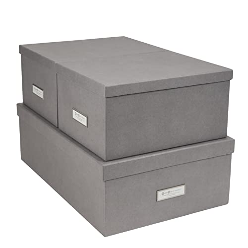 Bigso Box of Sweden INGE 3er-Set Aufbewahrungsboxen für das Schlaf-, Kinder-, Arbeits- oder Badezimmer – stapelbare Ordnungsbox mit Deckel – Aufbewahrungskisten aus Faserplatte und Papier – grau von BIGSO BOX OF SWEDEN