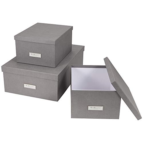 BIGSO INGE 3er-Set Aufbewahrungsboxen für das Schlaf-, Kinder-, Arbeits- oder Badezimmer – stapelbare Ordnungsbox mit Deckel – Aufbewahrungskisten aus Faserplatte und Papier – grau von BIGSO BOX OF SWEDEN