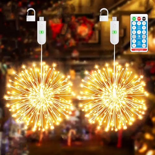 Bigzom Feuerwerk Lichterkette Rechargeable mit Timer,120 LED Sternenexplosion weihnachtsbeleuchtung Hängende, Wasserdicht 8 Modi mit Fernbedienung für Weihnachtsdeko aussen Party Hochzeit (2 Stück) von Bigzom