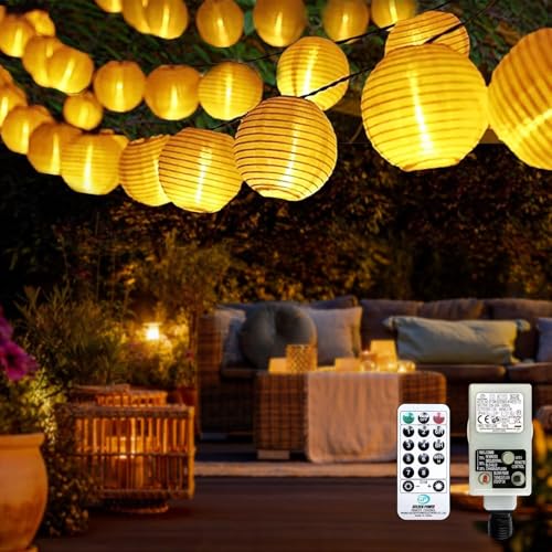 Bigzom LED Lampions Lichterkette Außen Strom, 10M 50Led Lichterkette Lampion mit Fernbedienung Memoryfunktion Timer von Bigzom