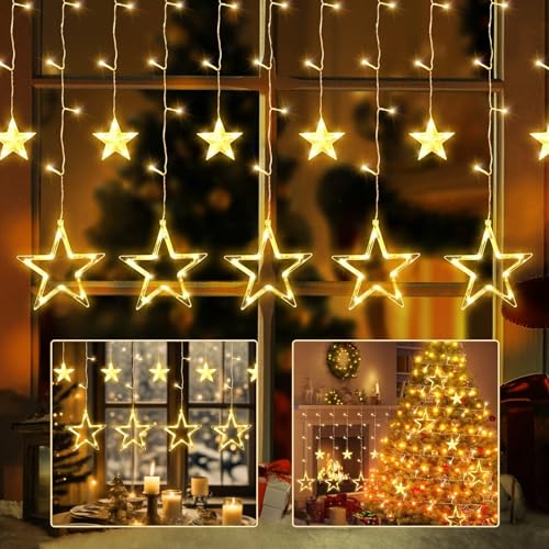 Bigzom Lichterkette Sterne Vorhang 138 LED 2.4×1m Lichtervorhang innen sterne mit timer 8 Leuchtmodi,12 Sterne Weihnachtsbeleuchtung Fenster Weihnachtsdeko Wasserdicht von Bigzom