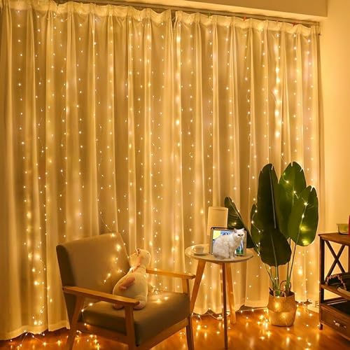 Bigzom Lichterketten Vorhang,Lichtervorhang Innen Außen 2x2m Lichterkette Innen 200 LEDs IP65 Wasserdicht Lichterkette Vorhang mit 10 Haken für Valentinstag,Ramadan,Hochzeit,Weihnachten (Warmweiß) von Bigzom