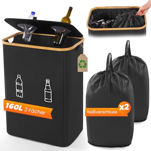 Biigdan 160L Pfandflaschen Sammelbehälter 2 Fächer, Pfandflaschen Behälter mit Deckel, Leergut & Altglas Aufbewahrung mit Loch, Flaschensammler Leergut für Küche & Abstellraum von Biigdan