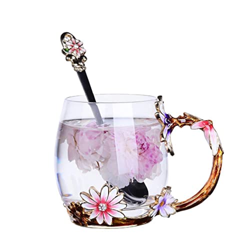 Biigming Enamel Glas Kaffeetassen Teetasse mit Schmetterling Blumen mit Schöne Stahllöffel. Personalisierte Geschenke für Mama y Freundin zum Geburtstag Weihnachtsgeschenke (Daisy-330ml) von Biigming